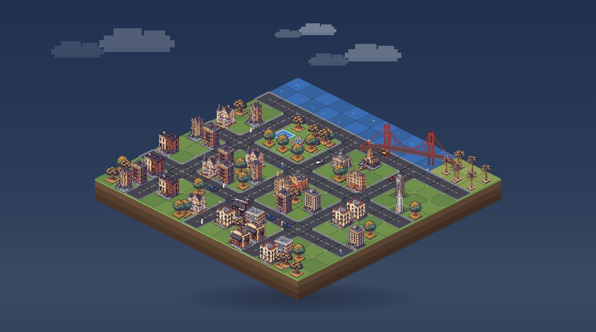 Isometric pixel-art city from the free online business simulation game business.game, with shops, roads, cars and a suspension bridge