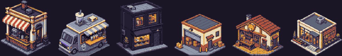 Pixel-art storefronts from the business simulation game: espresso bar, bubble tea truck, streetwear resale shop, e-commerce warehouse, plush toy startup and marketing agency