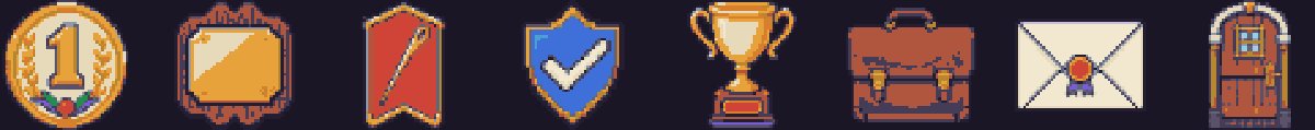 Pixel-art achievement trophies from business.game including award plaques, magazine covers and collector watches